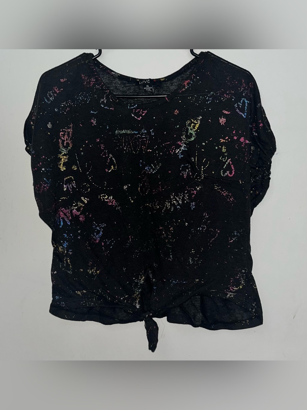 Love Black Tie-Front Tee with Multicolor Glitter Accents